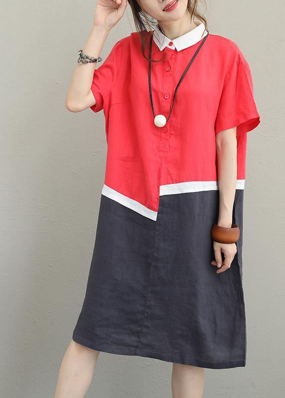 diy lapel patchwork linen Robes Christmas Gifts red Dress - SooLinen