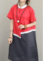 diy lapel patchwork linen Robes Christmas Gifts red Dress - SooLinen