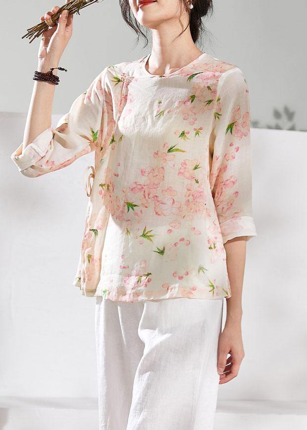 diy o neck half sleeve linen blouses for women Shirts pink print tops - SooLinen