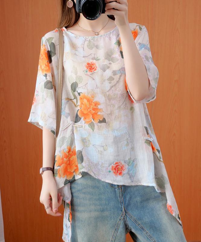 diy orange print clothes o neck asymmetric Art summer tops - SooLinen