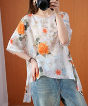 diy orange print clothes o neck asymmetric Art summer tops - SooLinen