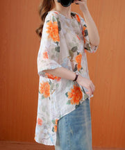 diy orange print clothes o neck asymmetric Art summer tops - SooLinen