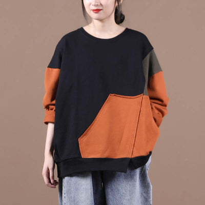 diy orange tops women o neck patchwork short fall shirts - SooLinen