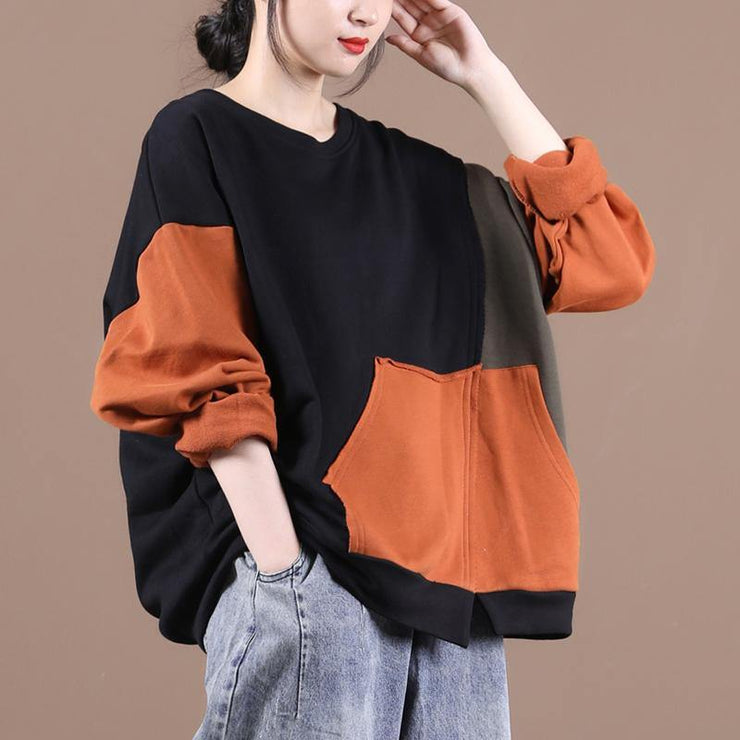 diy orange tops women o neck patchwork short fall shirts - SooLinen