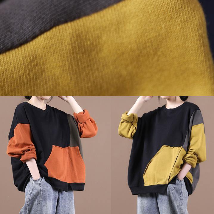 diy orange tops women o neck patchwork short fall shirts - SooLinen