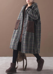 diy patchwork pockets fine hooded maxi coat green plaid tunic jackets - SooLinen