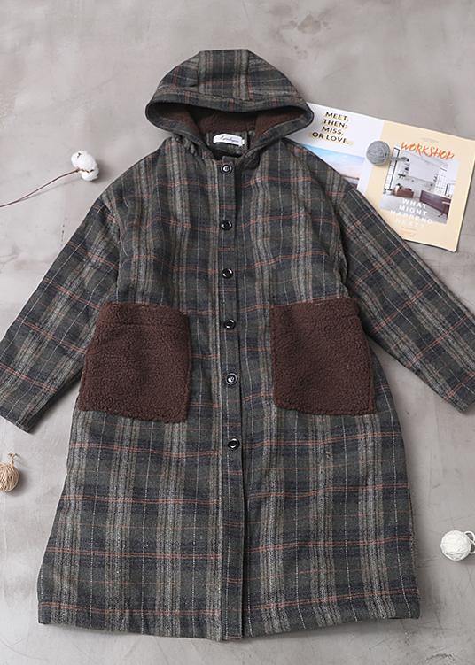 diy patchwork pockets fine hooded maxi coat green plaid tunic jackets - SooLinen