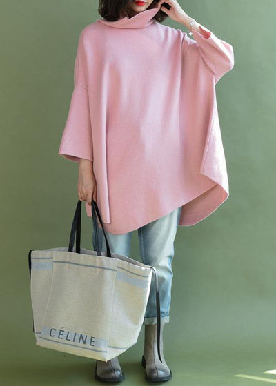 diy pink shirts asymmetric hem wool high neck blouse - SooLinen