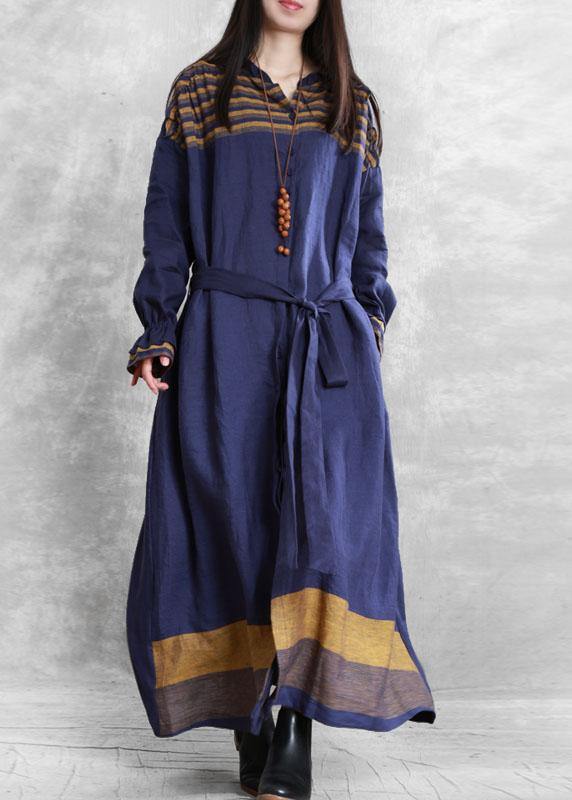 diy stand collar tie waist Plus Size tunic coat blue Midi women coats - SooLinen