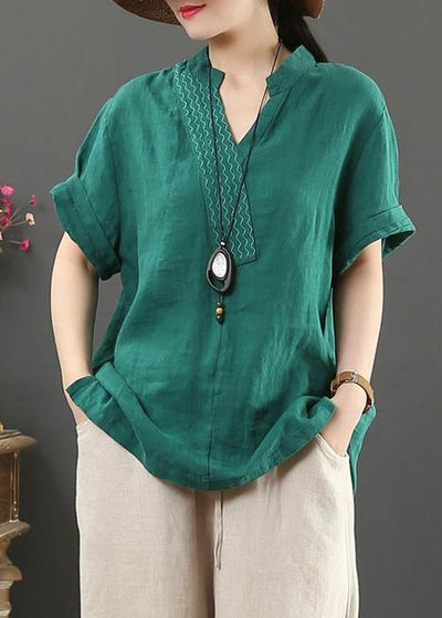 diy v neck cotton linen summer clothes green silhouette top - SooLinen