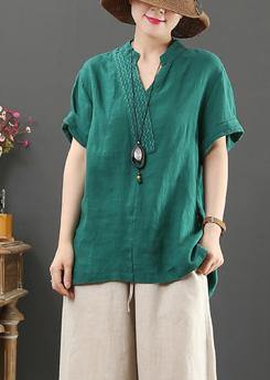 diy v neck cotton linen summer clothes green silhouette top - SooLinen