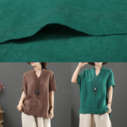 diy v neck cotton linen summer clothes green silhouette top - SooLinen