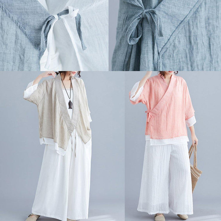 diy v neck half sleeve cotton linen clothes For Women nude blouses summer - SooLinen