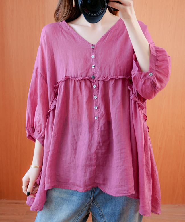 diy v neck lantern sleeve clothes For Women Sleeve rose top - SooLinen