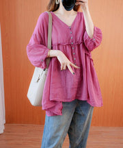 diy v neck lantern sleeve clothes For Women Sleeve rose top - SooLinen