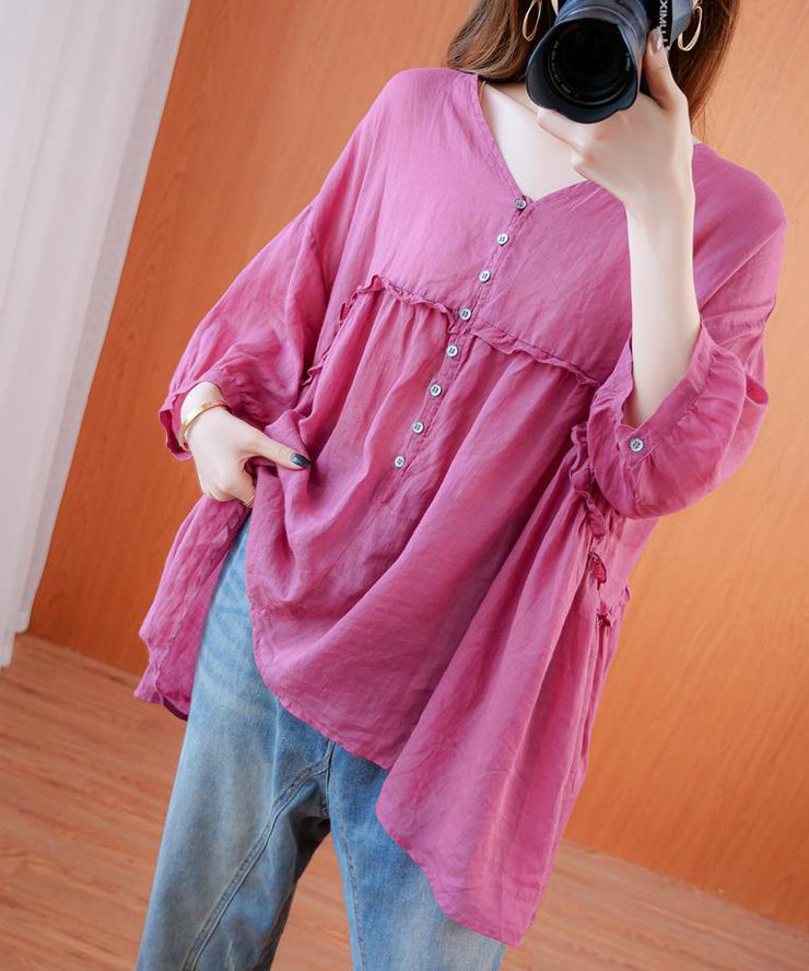 diy v neck lantern sleeve clothes For Women Sleeve rose top - SooLinen