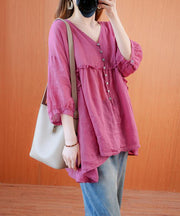 diy v neck lantern sleeve clothes For Women Sleeve rose top - SooLinen