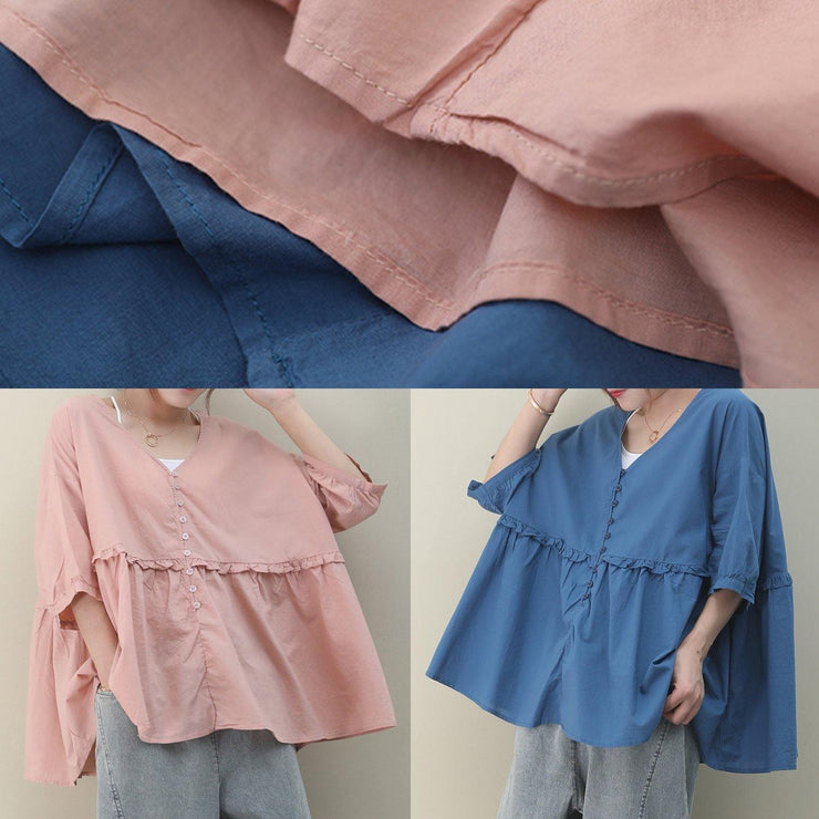 diy v neck Cinched cotton summer Tops blue tops - SooLinen