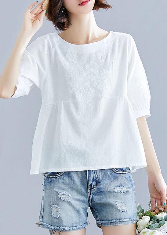 diy white cotton pattern o neck embroidery silhouette summer tops - SooLinen