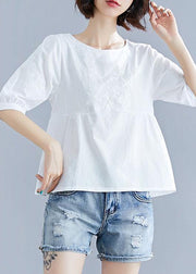 diy white cotton pattern o neck embroidery silhouette summer tops - SooLinen