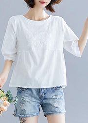 diy white cotton pattern o neck embroidery silhouette summer tops - SooLinen