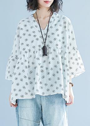 diy white print cotton Blouse Korea Batwing Sleeve v neck tunic Summer shirt - SooLinen