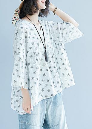 diy white print cotton Blouse Korea Batwing Sleeve v neck tunic Summer shirt - SooLinen