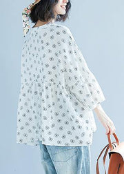 diy white print cotton Blouse Korea Batwing Sleeve v neck tunic Summer shirt - SooLinen