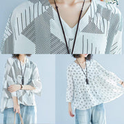 diy white print cotton Blouse Korea Batwing Sleeve v neck tunic Summer shirt - SooLinen