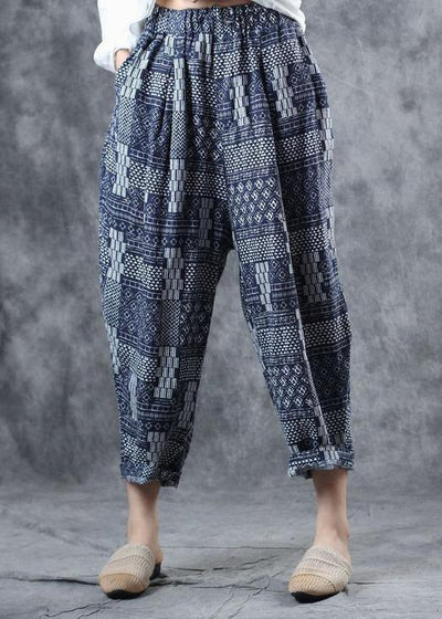 fall new blue prints women pants linen blended elastic waist harem pants - SooLinen