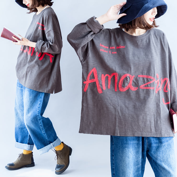 fall warm casual gray cotton embroidery alphabet pullover oversize o neck t shirt