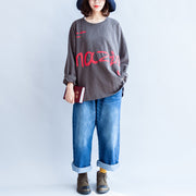 fall warm casual gray cotton embroidery alphabet pullover oversize o neck t shirt