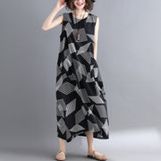 fashion Geometric cotton linen dress Loose fitting short sleeve baggy dresses long dresses Elegant o neck caftans