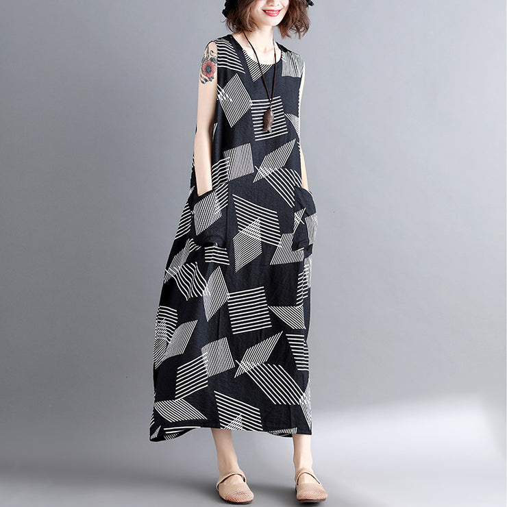 fashion Geometric cotton linen dress Loose fitting short sleeve baggy dresses long dresses Elegant o neck caftans