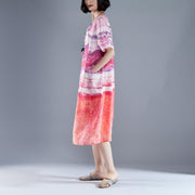 fashion Ramie dresses oversize Short Sleeve Pockets Summer Printed Casual Long Dress