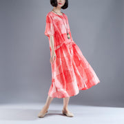 fashion Ramie sundress Loose fitting Short Sleeve Lacing Summer Pleated Casual Red Dress