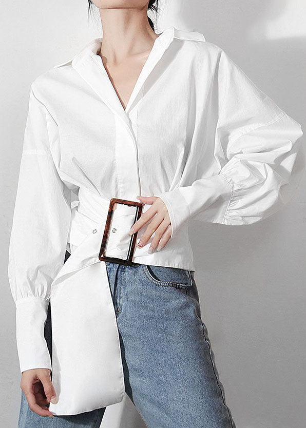 fashion White lantern sleeve Sashes Peter Pan Collar Shirts