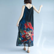 fashion black chiffon holiday dress Spaghetti Strap floor length dress print summer dress