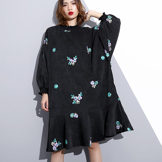 fashion black embroidery fall dress Loose fitting traveling dress Elegant Stand clothing dresses