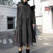 fashion black long tulle dress plus size striped cotton caftans New stand collar maxi dresses