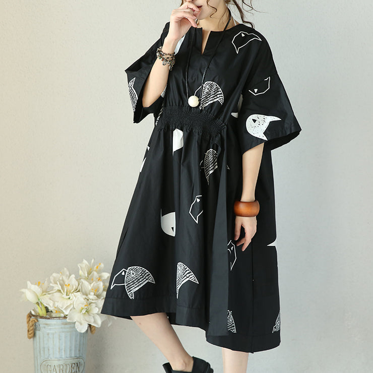 fashion black natural cotton dress plus size clothing tie waist Cinched traveling clothing women v neck cotton caftans