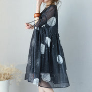 fashion black prints long chiffon dress Loose fitting high waist chiffon gown fine drawstring sleeve kaftans