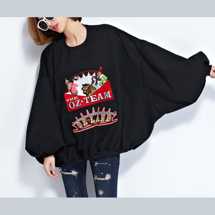 fashion black pure cotton tops plussize cotton clothing blouses Elegant appliques batwing sleeve midi tops