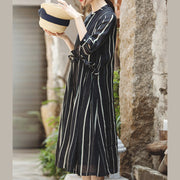 fashion black striped long linen dress trendy plus size o neck large hem linen clothing dresses women Three Quarter sleeve tie waist maxi dresses