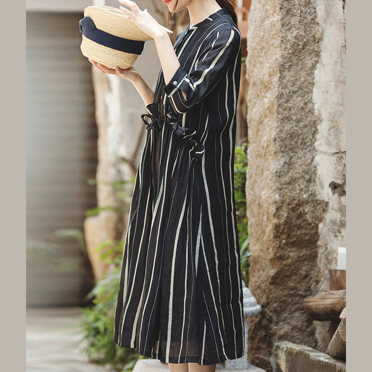 fashion black striped long linen dress trendy plus size o neck large hem linen clothing dresses women Three Quarter sleeve tie waist maxi dresses