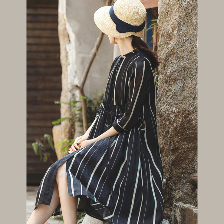 fashion black striped long linen dress trendy plus size o neck large hem linen clothing dresses women Three Quarter sleeve tie waist maxi dresses