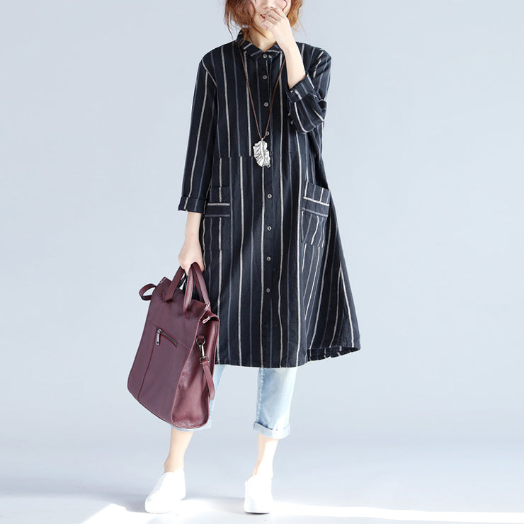 fashion black striped pure cotton linen dress New long sleeve pockets Turn-down Collar knee dresses