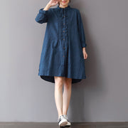 fashion blue linen shift dresses Loose fitting traveling shirt dress 2018 ruffles collar cotton clothing