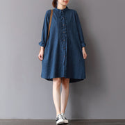 fashion blue linen shift dresses Loose fitting traveling shirt dress 2018 ruffles collar cotton clothing