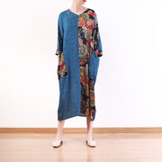 fashion blue natural chiffon dress casual patchwork prints caftans fine silk o neck maxi dresses